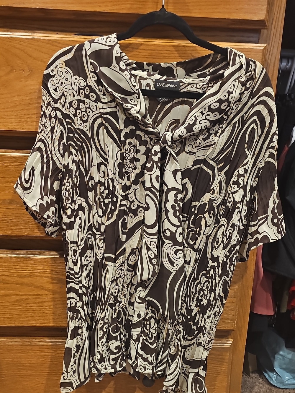 Lane Bryant Brown and Cream Abstract Tie-Neck Blouse